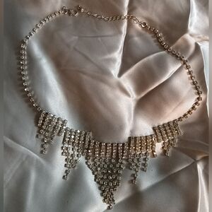Vintage 80s Rhinestone And Silver Tone Cascading Drop Choker Necklace
